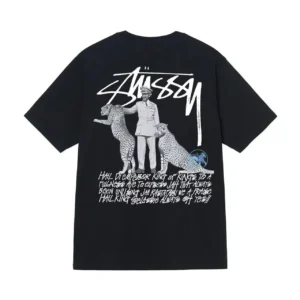 Stussy Black T shirt with Leopard Graphic