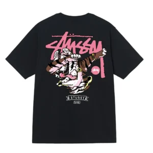 Stussy Black T Shirt with Pink Tiger Design