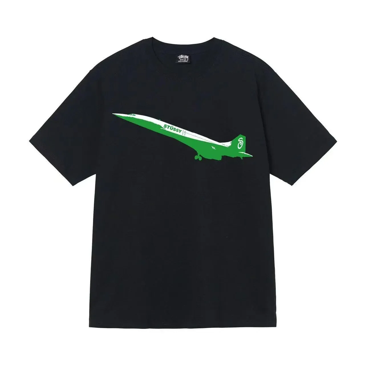 Stussy Black T Shirt with Green Airplane