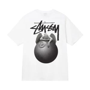 Stussy White T Shirt: Unique Angel & 8 Ball