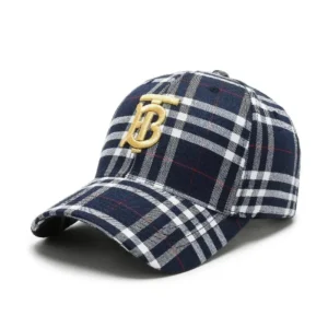 Burberry Navy Plaid Cap with Gold Emblem A