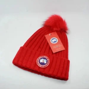 Canada Goose Red Knitted Hat: Fluffy Pom Pom