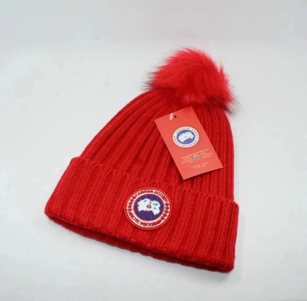 Canada Goose Red Knitted Hat: Fluffy Pom Pom