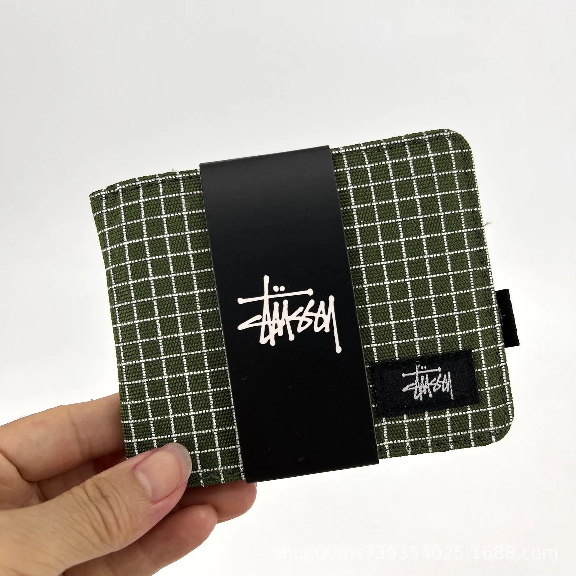 Stussy Grid Patterned Wallet in Olive: A
