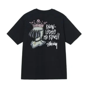 Stussy Black T Shirt: Crown and Knowledge