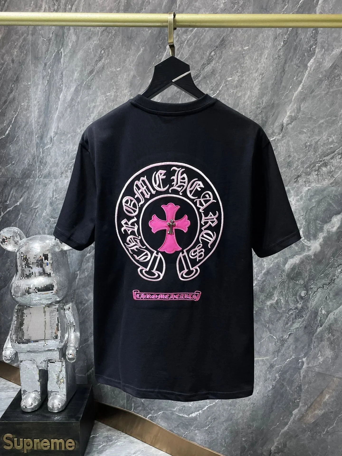 Chrome Hearts Black T Shirt with Pink Cross