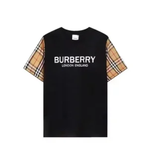 Burberry Black T Shirt with Plaid Sleeves