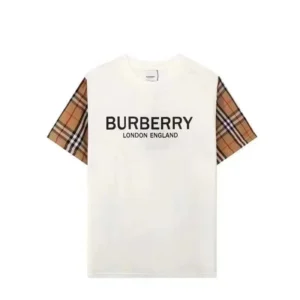 Burberry White T Shirt with Plaid Sleeves