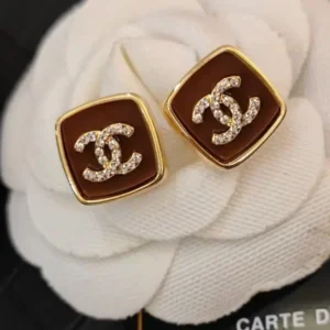 Chanel Square Stud Earrings Brown