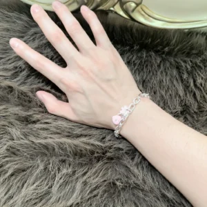 Silver Chain Bracelet with Pink Heart